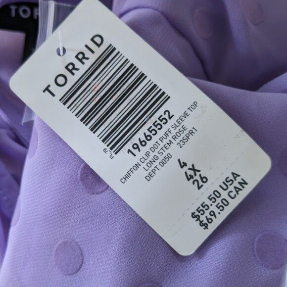 NWT Torrid 4X Bougainvillea Lavender Chiffon Clip Dot Puff Sleeve Top Size 26 - Picture 8 of 8